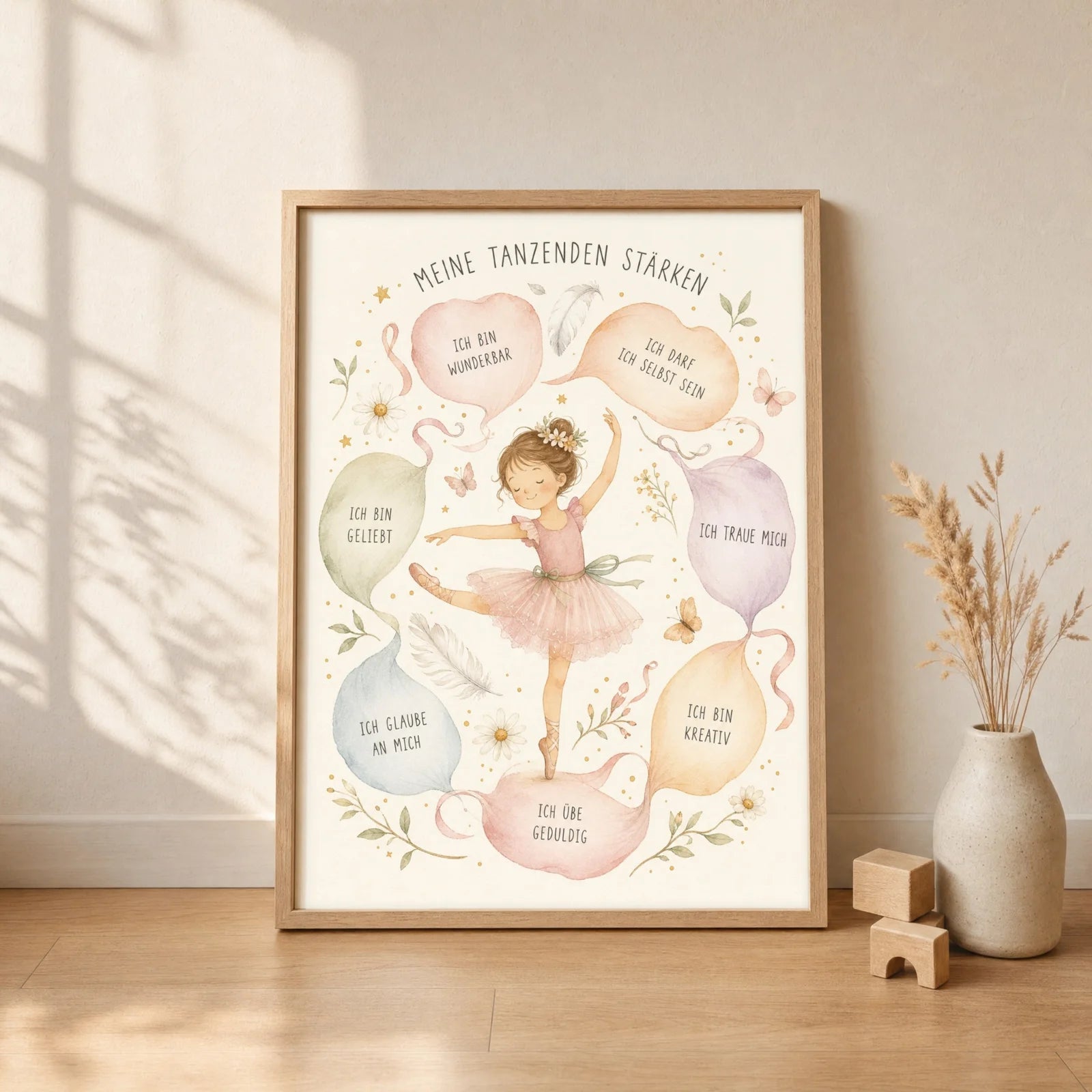 Affirmationsposter Kinderzimmer Tanzende Stärken, gerahmt im Format 30 x 40 cm