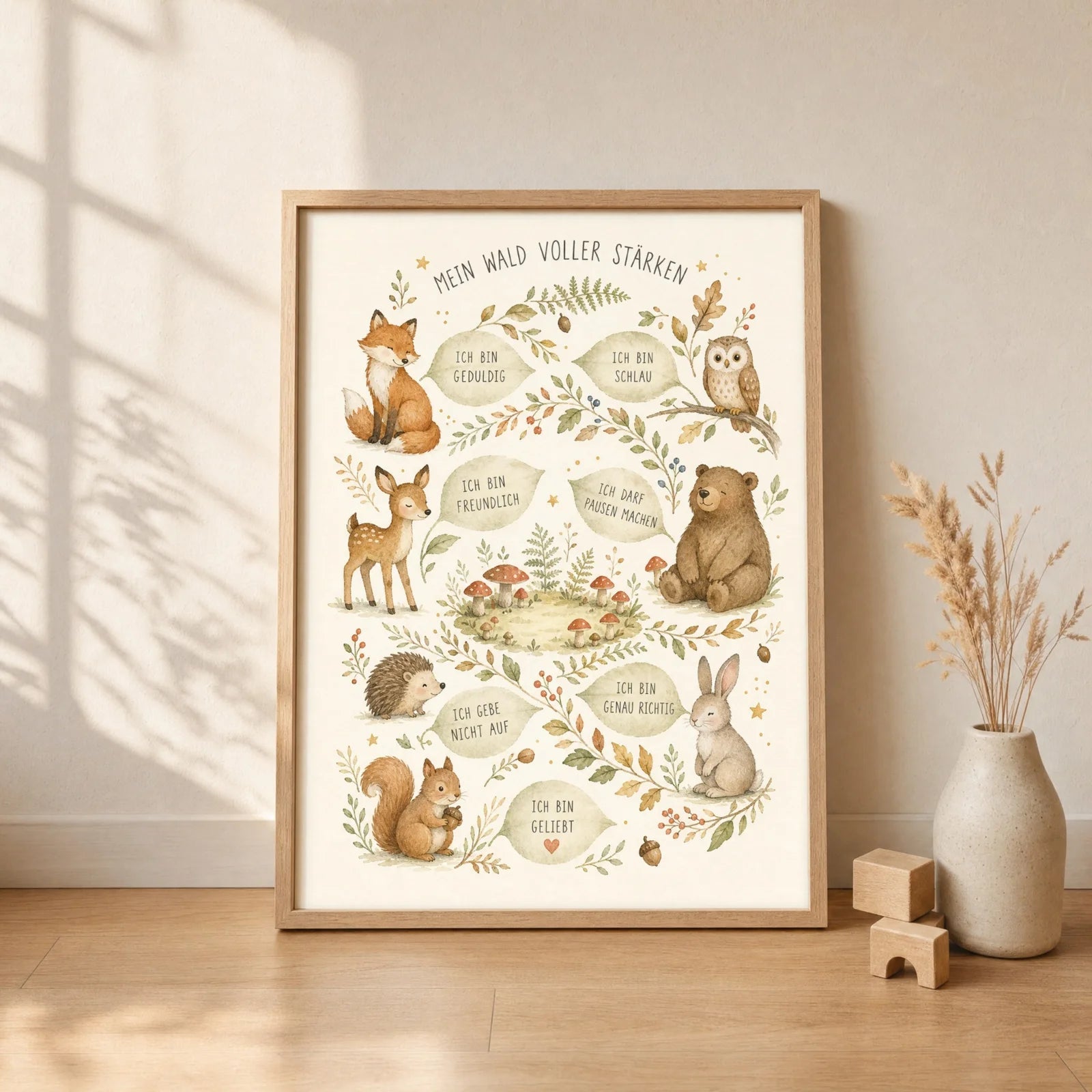 Affirmationsposter Kinderzimmer Wald voller Stärken, gerahmt im Format 30 x 40 cm