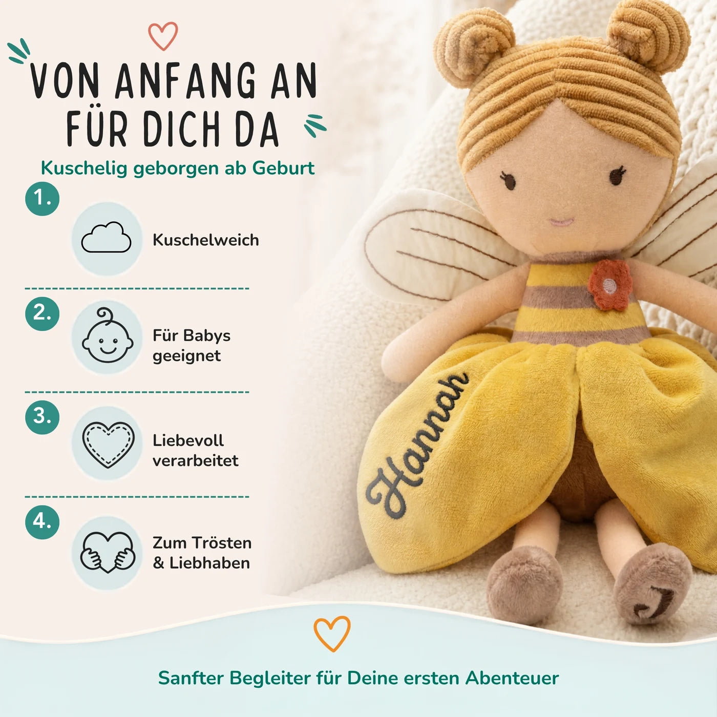 Jollein Stoffpuppe Fee Honig, für Babys geeignet, zum Kuscheln und Trösten