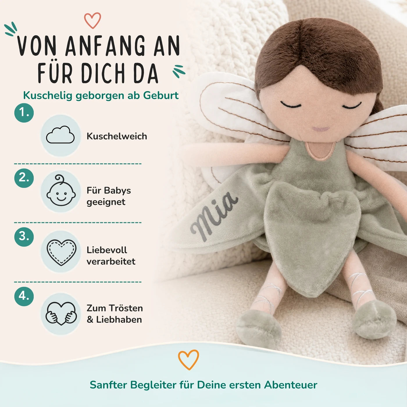 Jollein Stoffpuppe Fee Salbei, für Babys geeignet, zum Kuscheln und Trösten