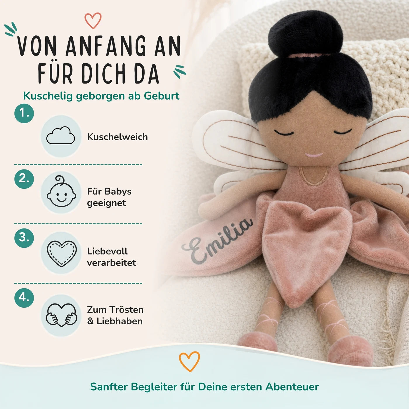 Jollein Stoffpuppe Fee Rosé, für Babys geeignet, zum Kuscheln und Trösten