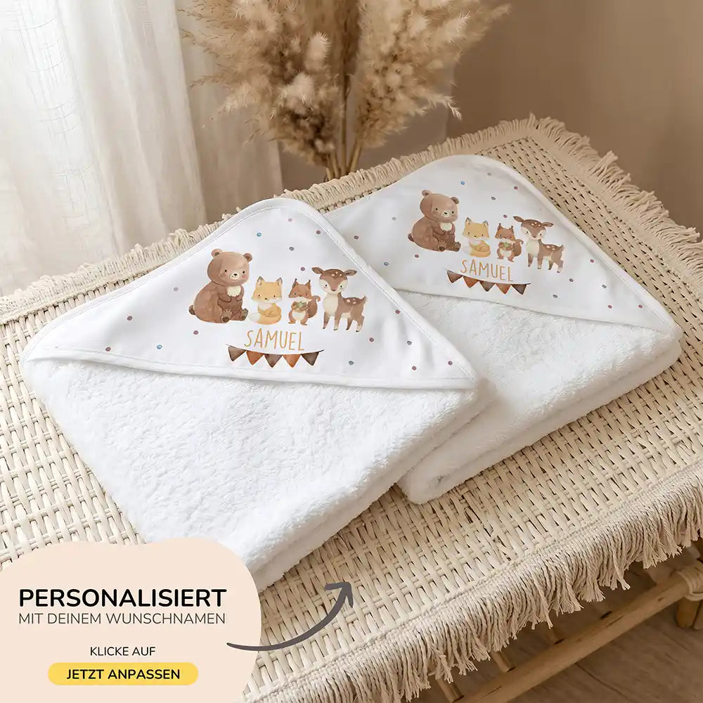 Personalisiertes Kapuzenhandtuch Baby Waldtiere Wimpel – 500 g/qm Baumwoll-Frottee Detail