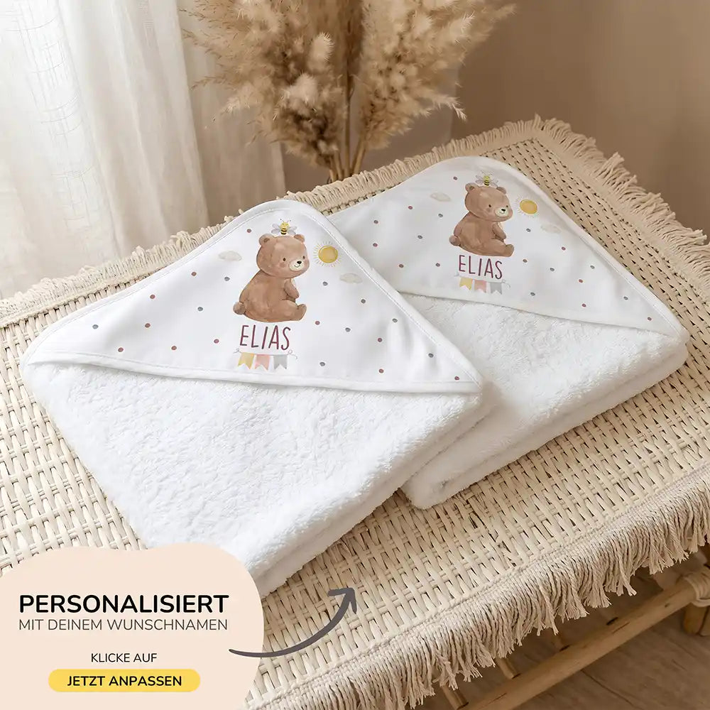 Personalisiertes Kapuzenhandtuch Baby Bär Sonne – 500 g/qm Baumwoll-Frottee Detail