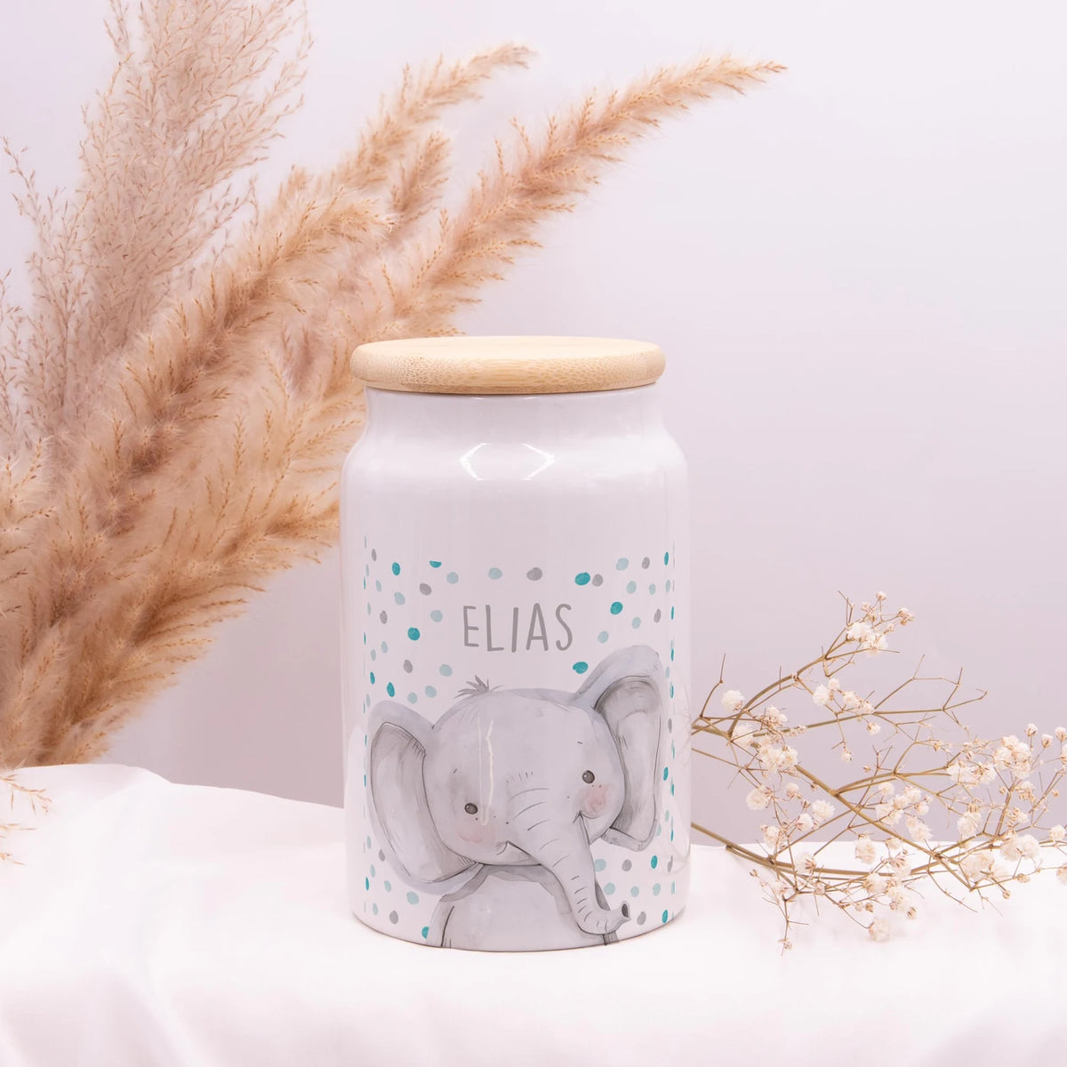 Personalisierbare Keksdose mit Name - Elefant mit Punkten