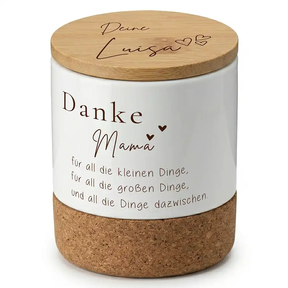 Duftkerze Vanille Keramik Danke Mama Herzen – Dreiviertel-Ansicht Keramikbecher
