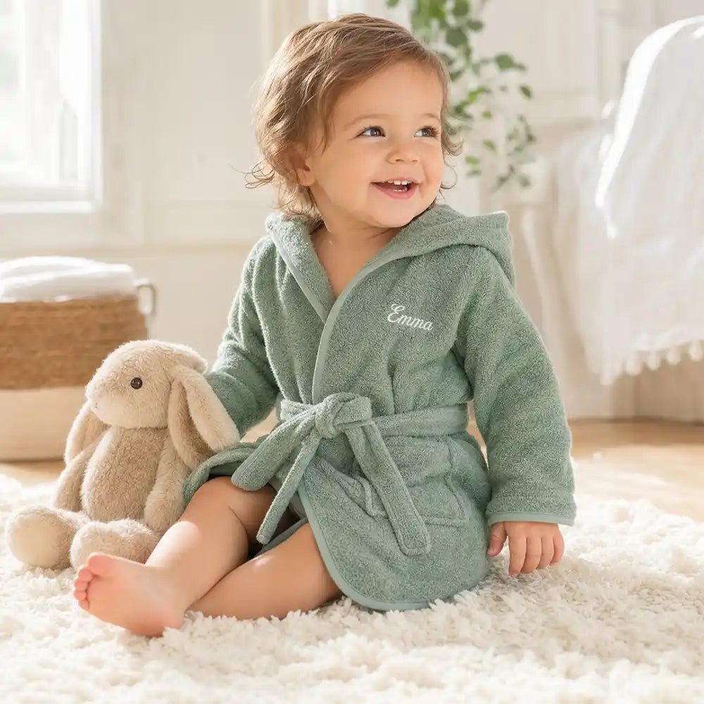Kinderbademantel mit Namen Jollein Mintgrün, Öhrchen-Kapuze, trocknet die Haare sanft