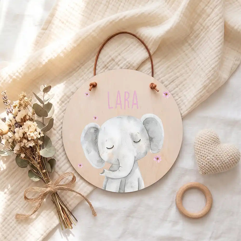 Türschild Kinderzimmer Elefant mit Blüten, zum Aufhängen an Tür, Wand oder Haken