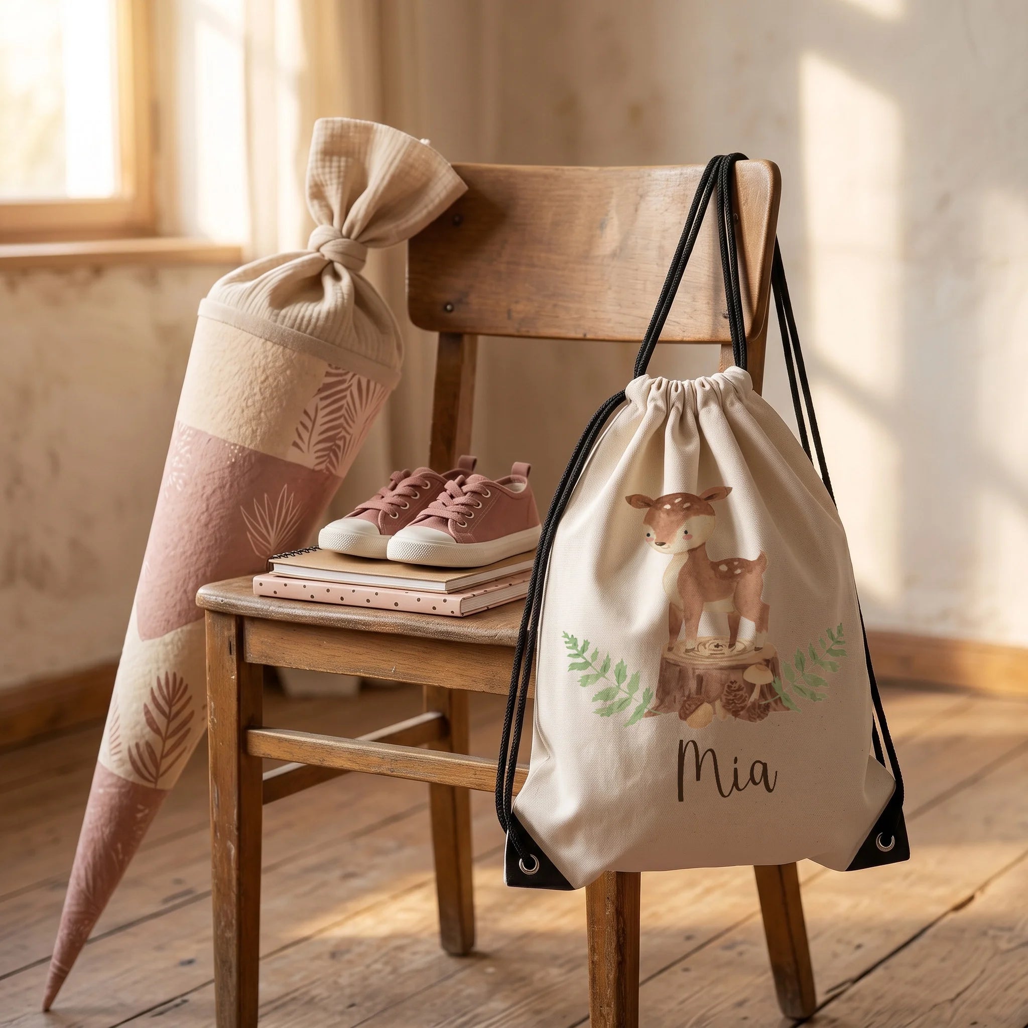 Personalisierter Turnbeutel Reh Waldtiere, Geschenkidee zur Einschulung neben der Schultüte