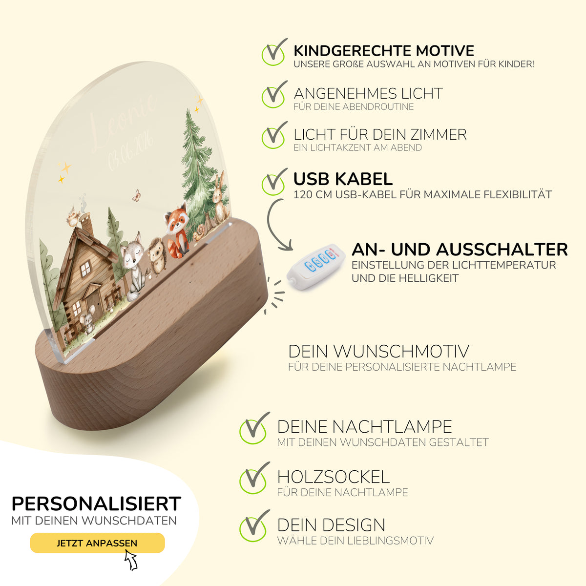 Nachtlicht Kinder personalisiert - kleine Waldfreunde