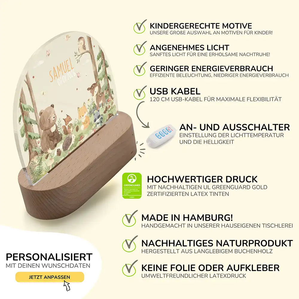 Nachtlicht Kinder personalisiert - Liebevolle Waldfreunde