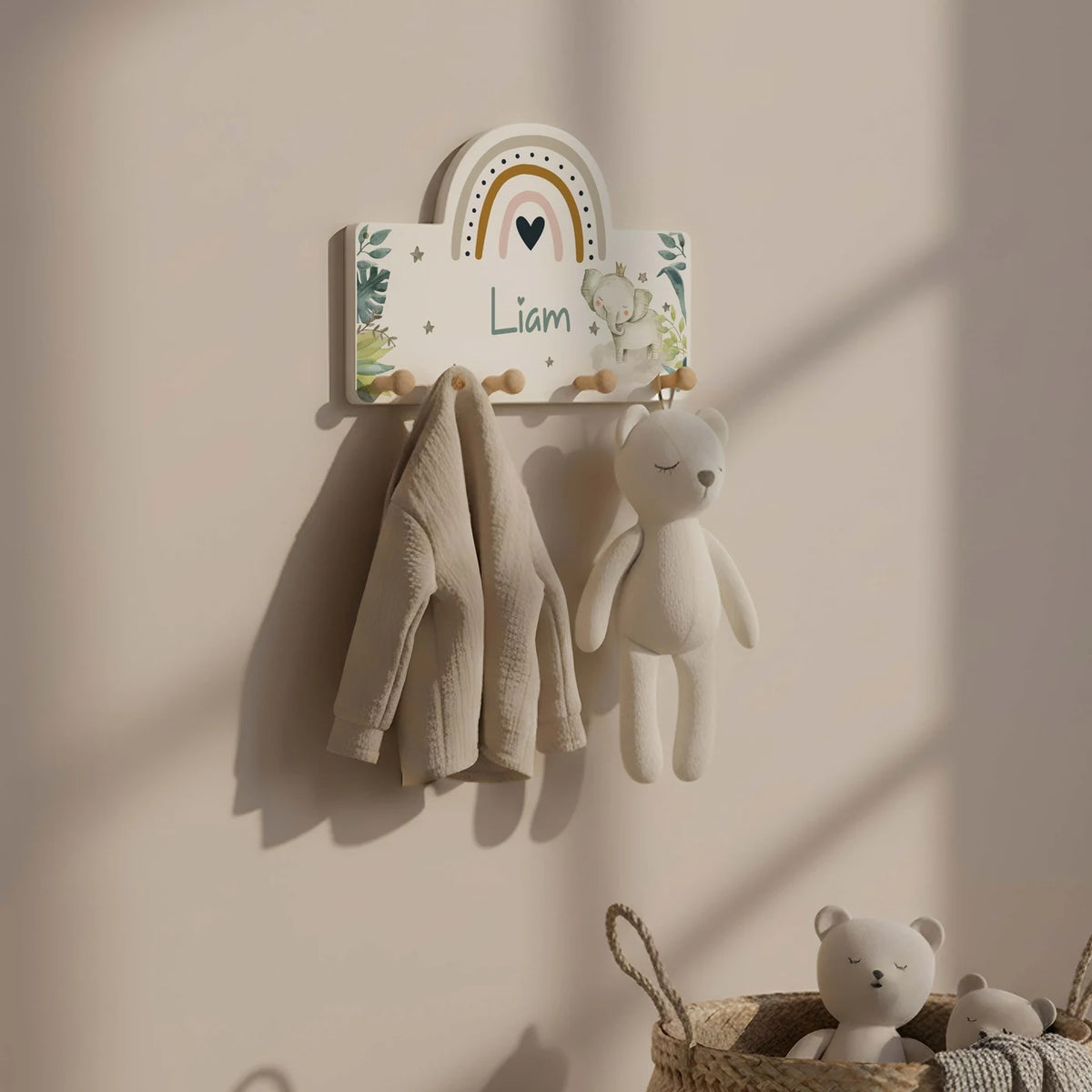 Kindergarderobe Holz personalisiert - Elefant