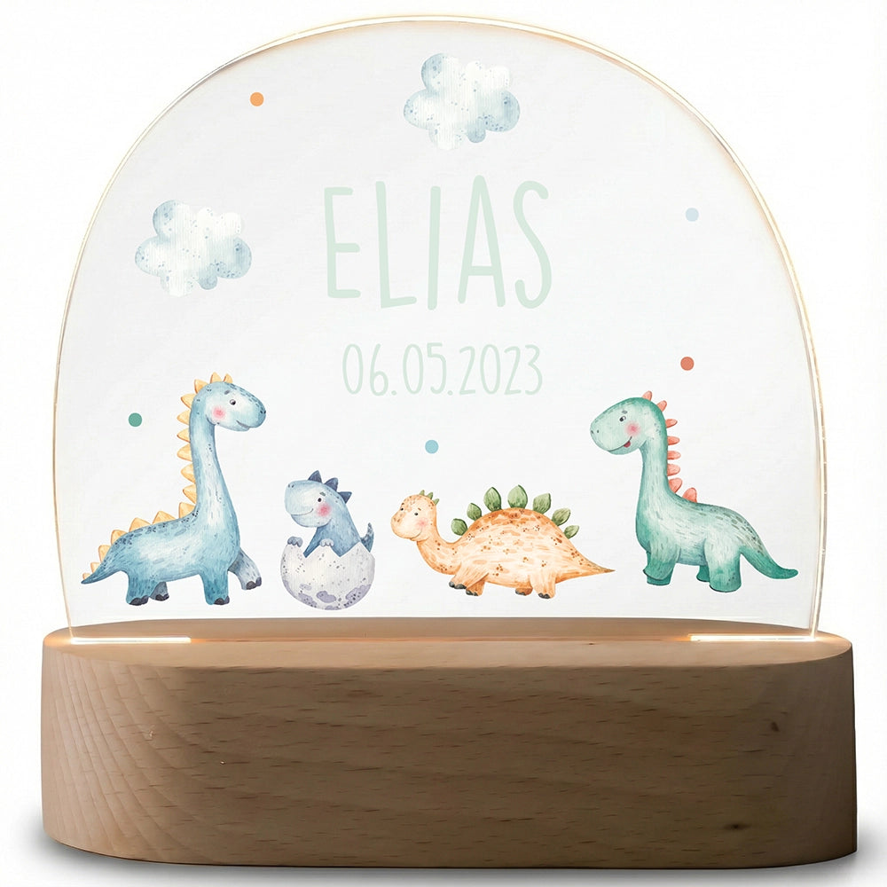 Nachtlampe Dino mit Namen ausgeschaltet – klares Acrylglas auf Holzsockel