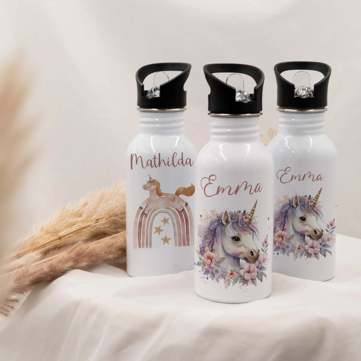 Trinkflasche Kinder Edelstahl - Einhorn mit Blüten