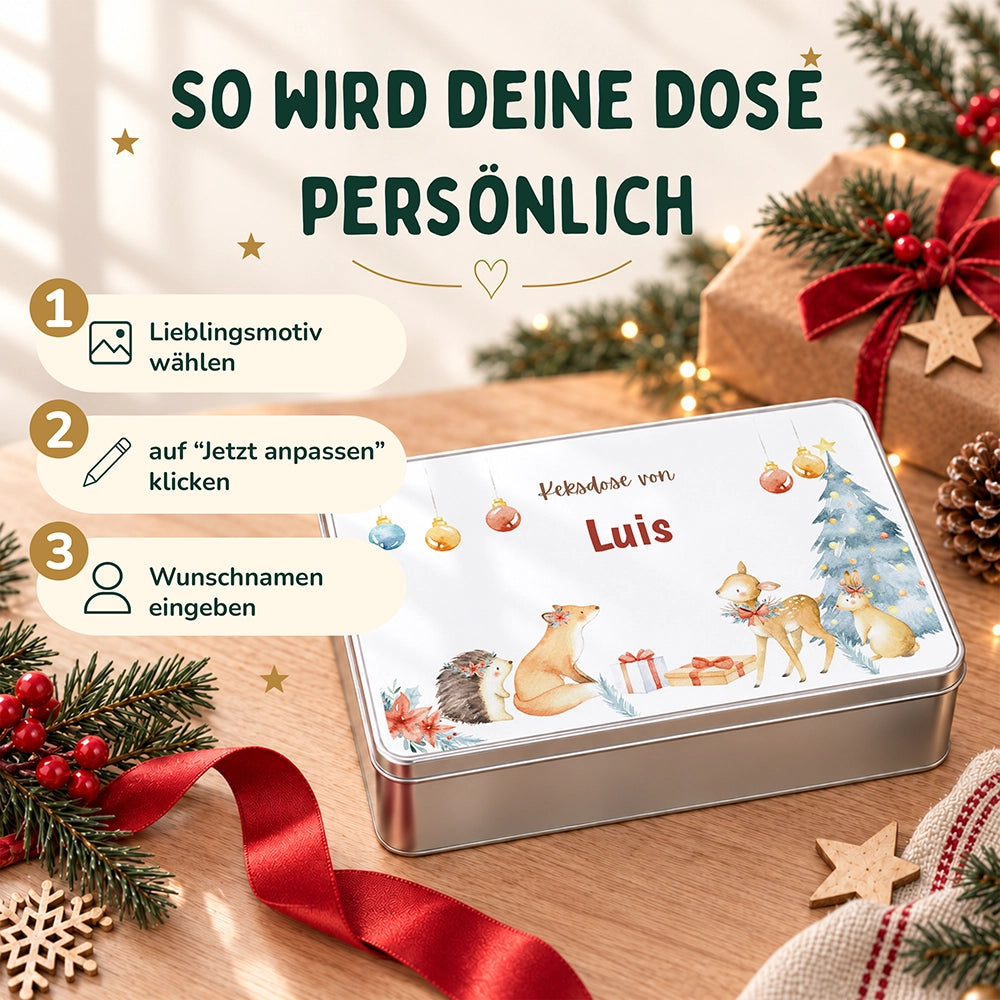 Keksdose aus Metall personalisiert - Festliche Waldfreunde