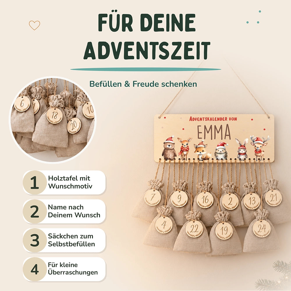 Personalisierbarer Adventskalender farbig - Winterliche Tierfamilie