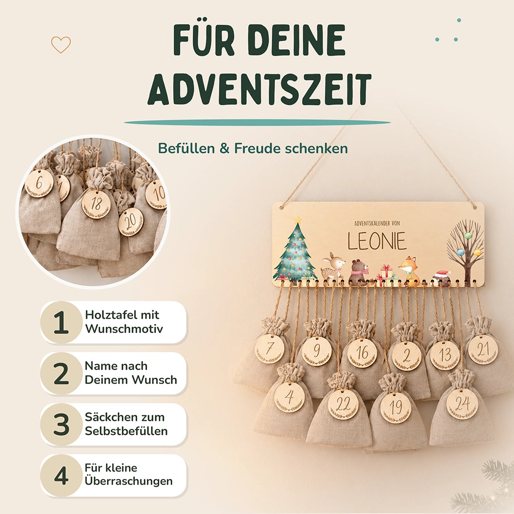 Personalisierbarer Adventskalender farbig - Waldfreunde