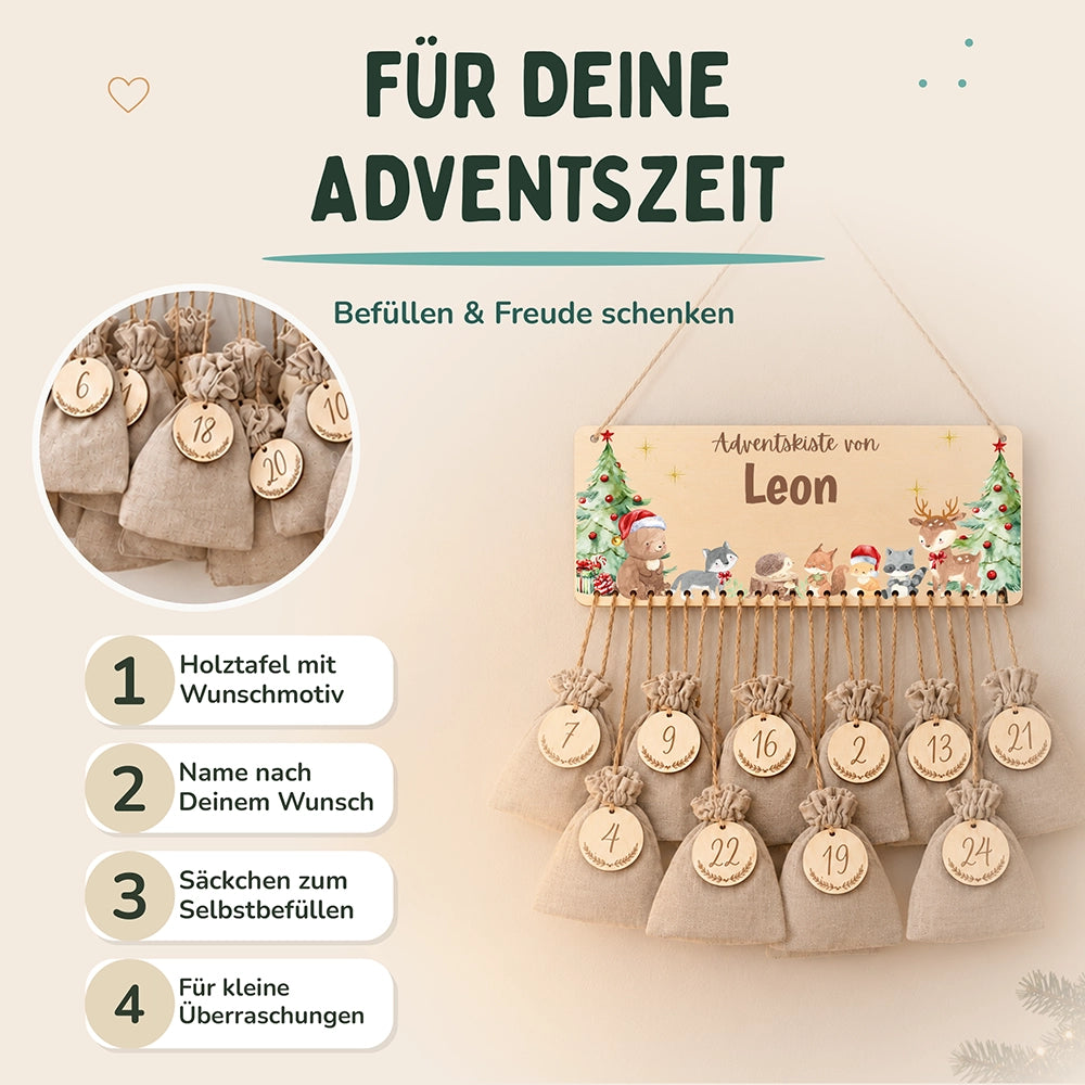 Personalisierbarer Adventskalender farbig - Niedliche Waldtiere Weihnachtsmütze