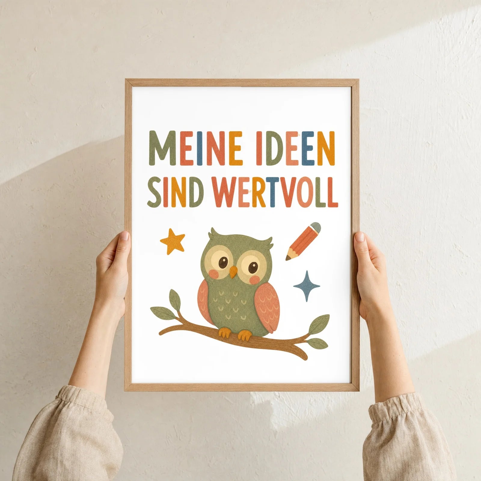 Affirmationsposter Kinderzimmer Eule Meine Ideen sind wertvoll, Format 30 x 40 cm, Rahmen optional