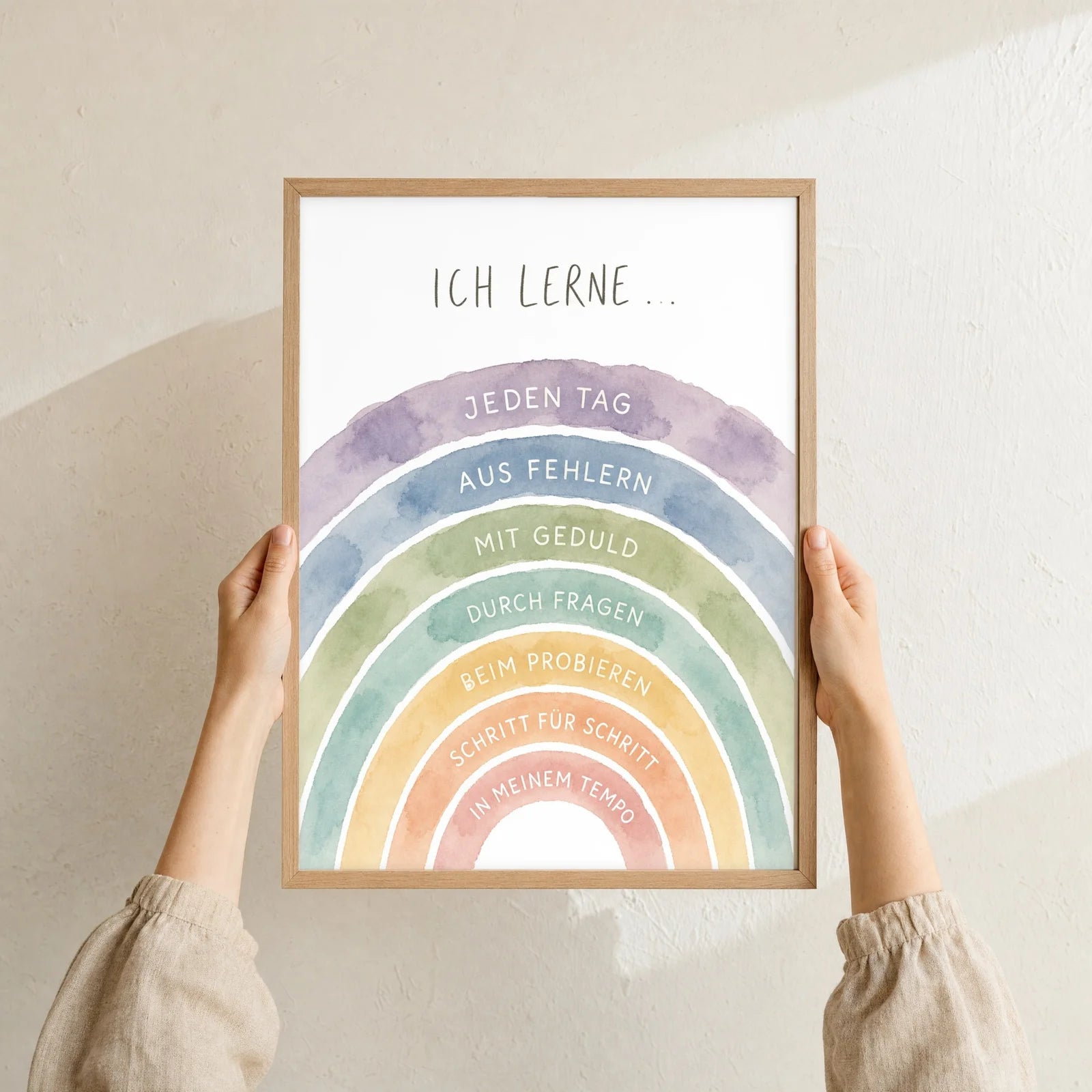 Affirmationsposter Kinderzimmer Regenbogen Ich lerne, Format 30 x 40 cm, Rahmen optional