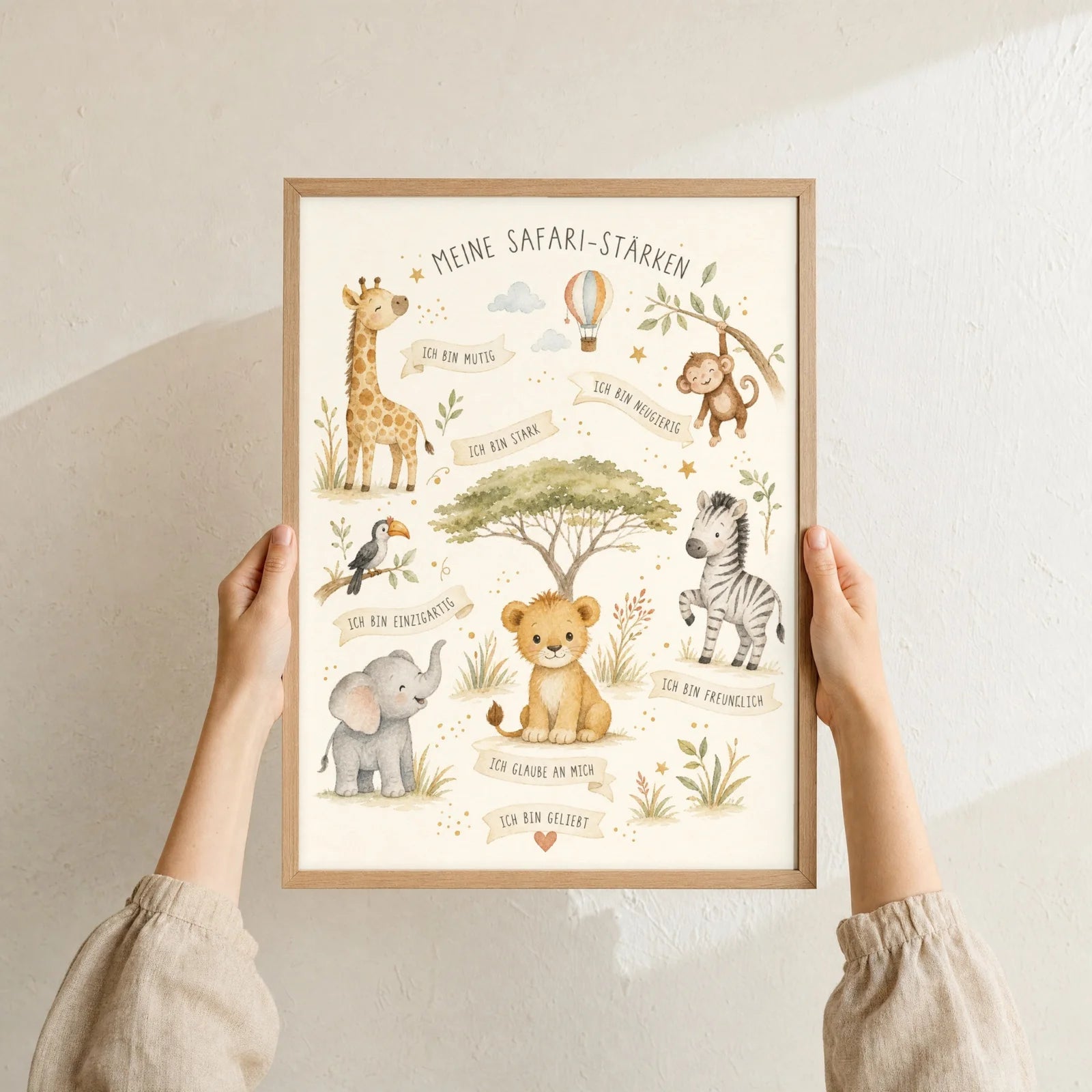 Affirmationsposter Kinderzimmer Safari-Stärken, Format 30 x 40 cm, Rahmen optional