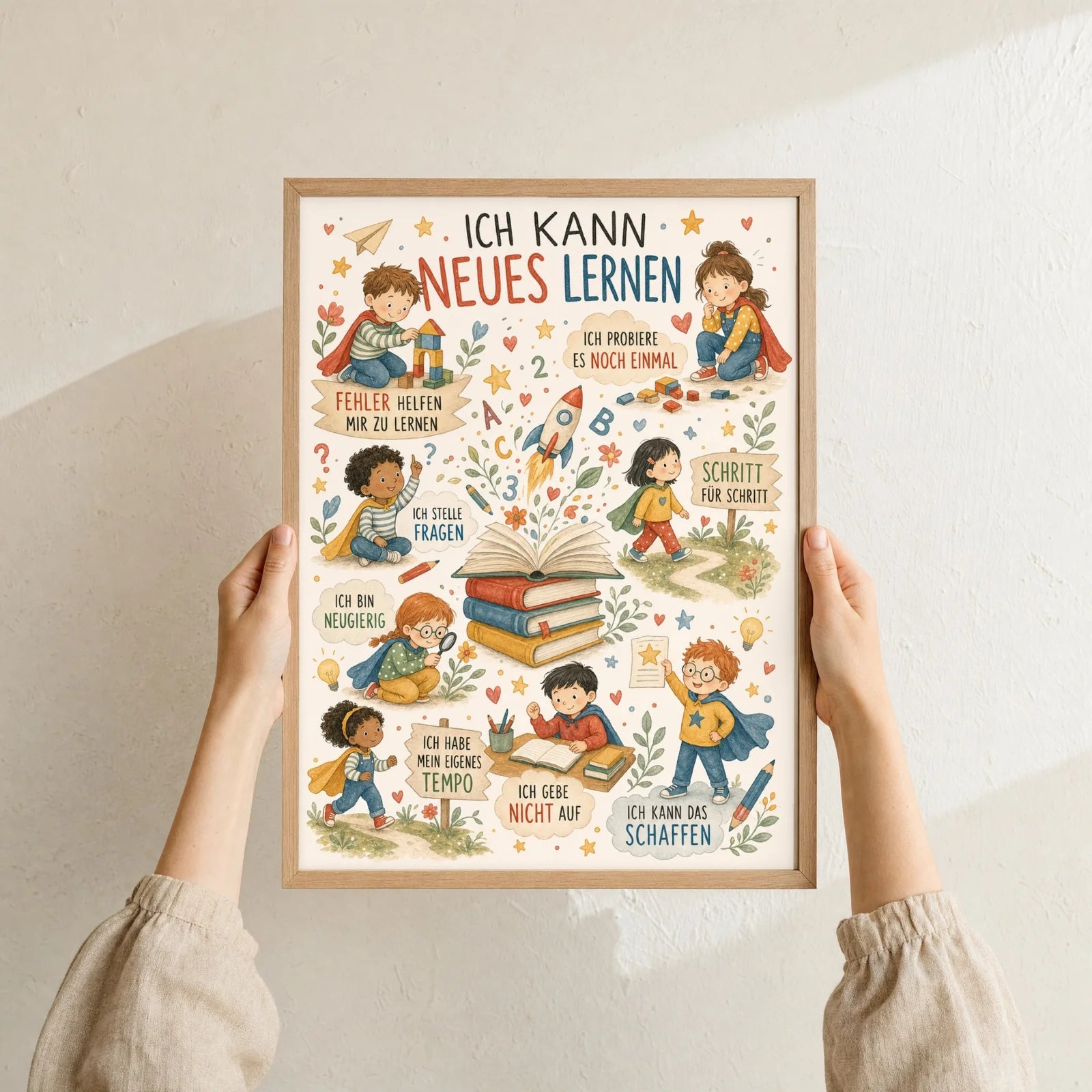 Affirmationsposter Kinderzimmer Wimmelbild Neues lernen, Format 30 x 40 cm, Rahmen optional