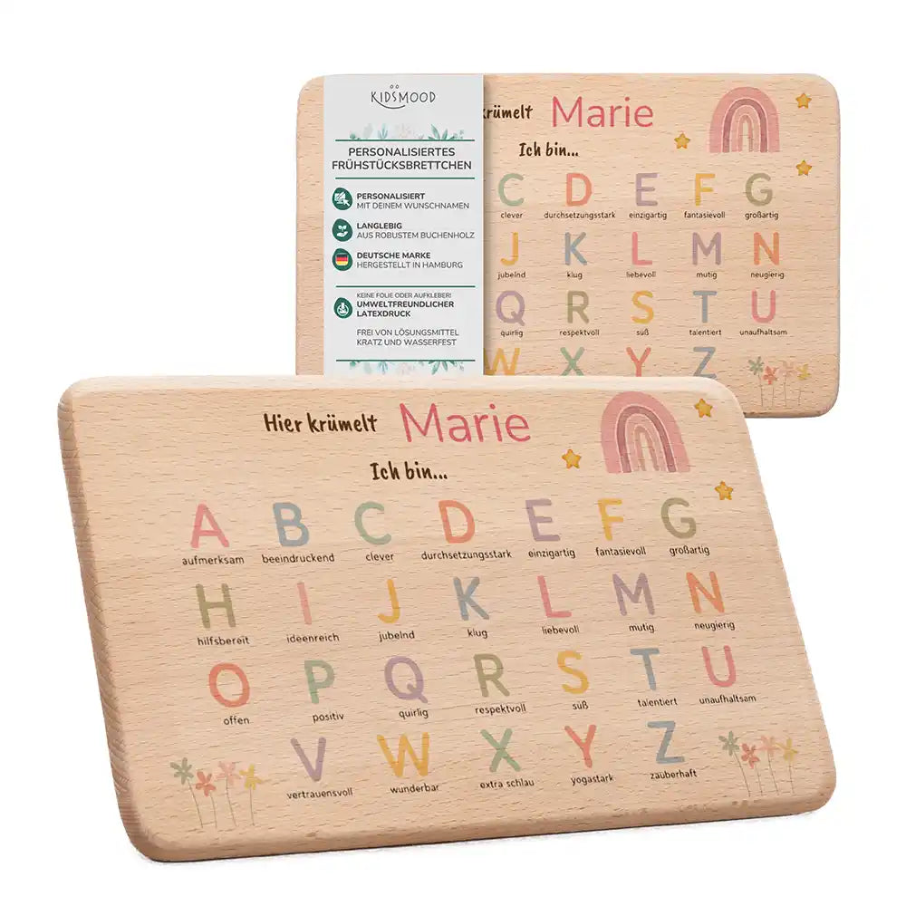ABC Brettchen Kinder personalisiert Regenbogen pastell – Maritim-Lifestyle 2