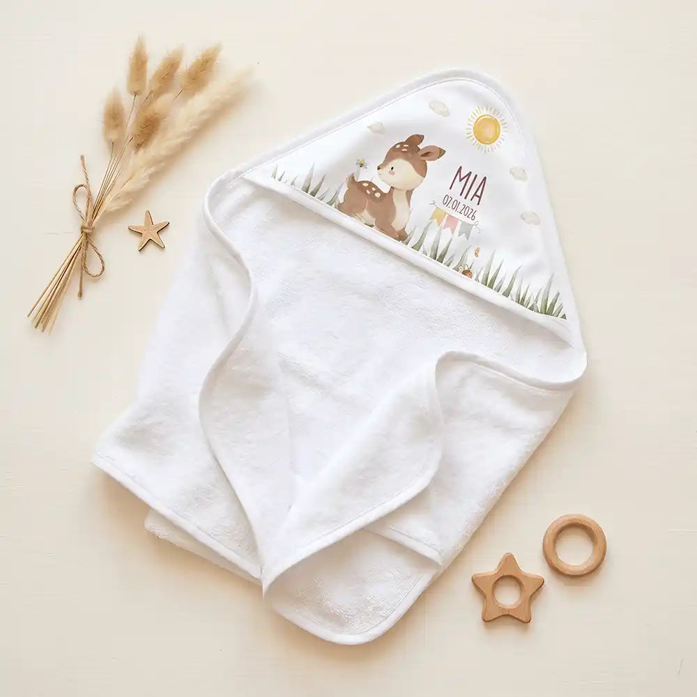 Personalisiertes Kapuzenhandtuch Baby Reh Geburtsdaten – Set für Zwillinge im Rattan-Look