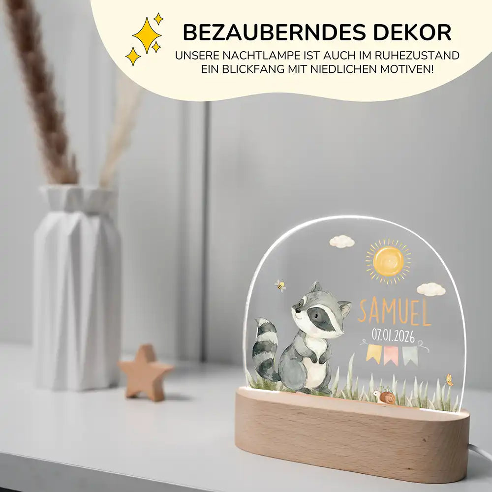 Nachtlicht Kinder personalisiert - Fröhlicher Waschbär