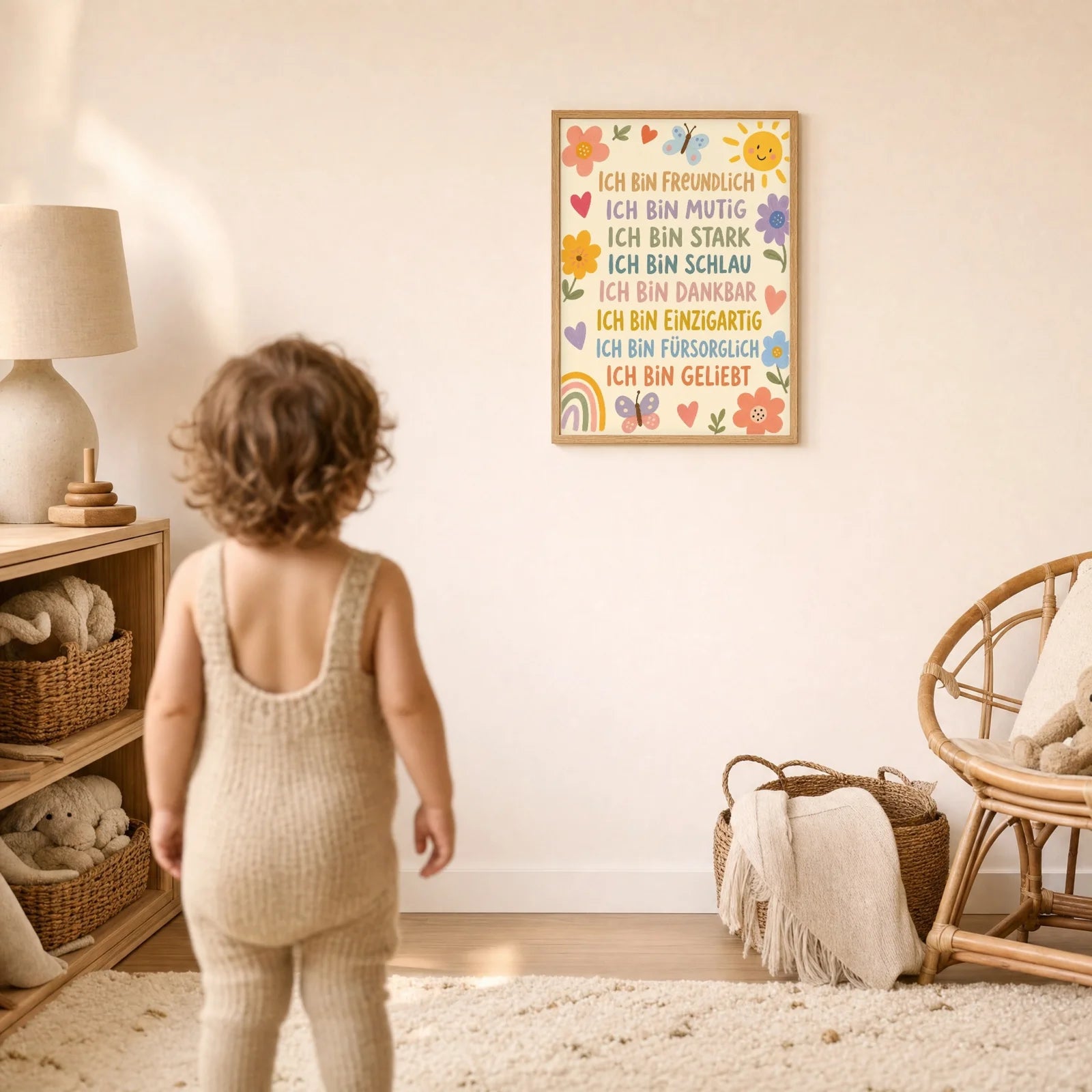 Affirmationsposter Kinderzimmer Blumenwiese Ich bin freundlich, im Detail auf 300 g Papier