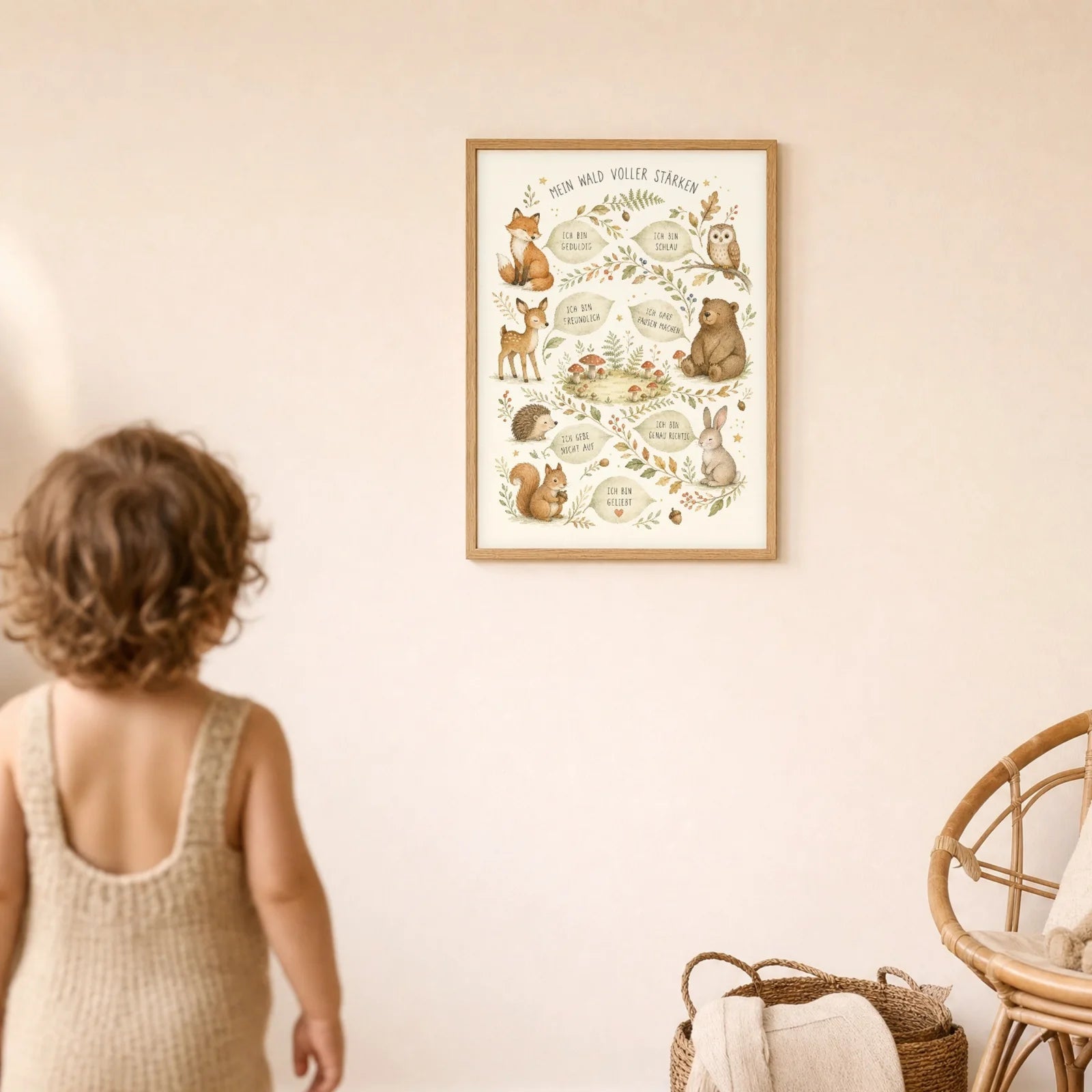 Affirmationsposter Kinderzimmer Wald voller Stärken, im Detail auf 300 g Papier