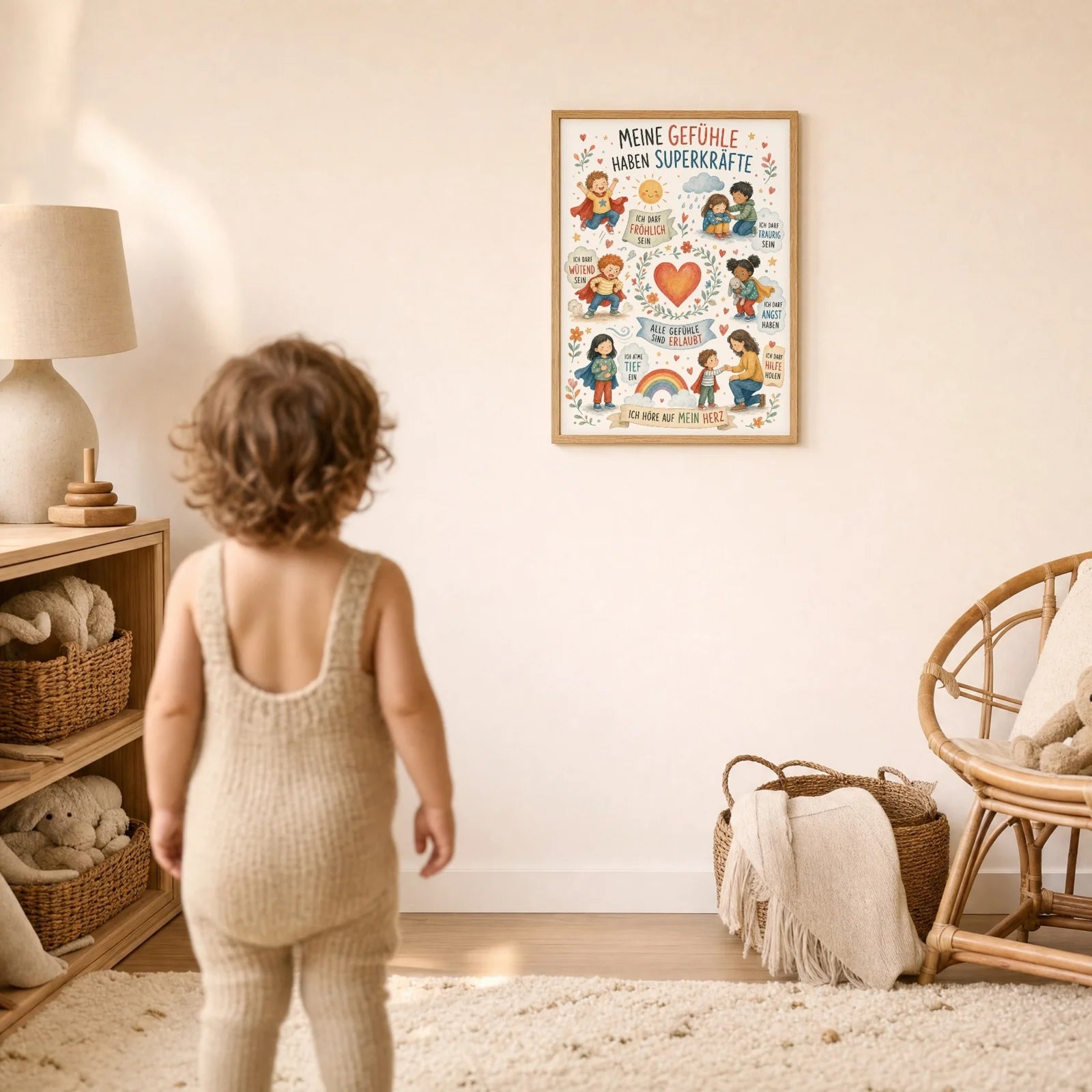 Affirmationsposter Kinderzimmer Wimmelbild Gefühle, im Detail auf 300 g Papier