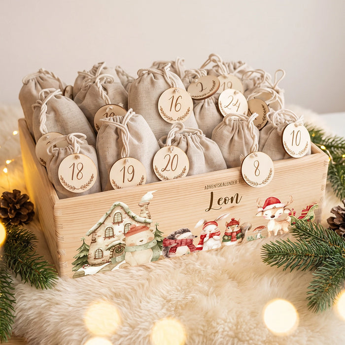 Adventskalender zum Befüllen "Winterdorf mit Tieren" personalisiert