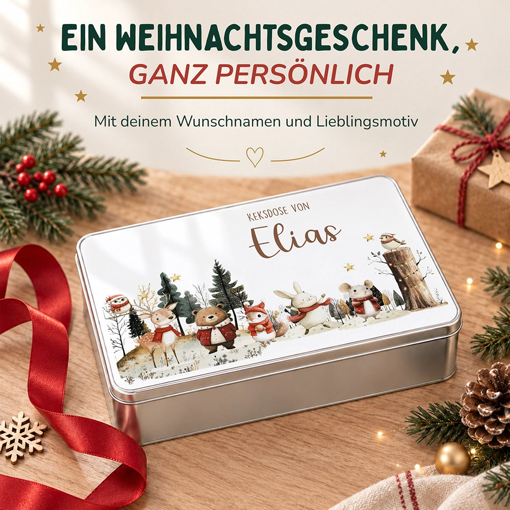 Keksdose aus Metall personalisiert - Weihnachtsfreunde im Schnee