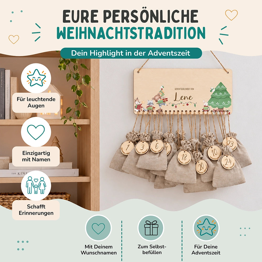 Personalisierbarer Adventskalender farbig - Weihnachtsbaum Tiere