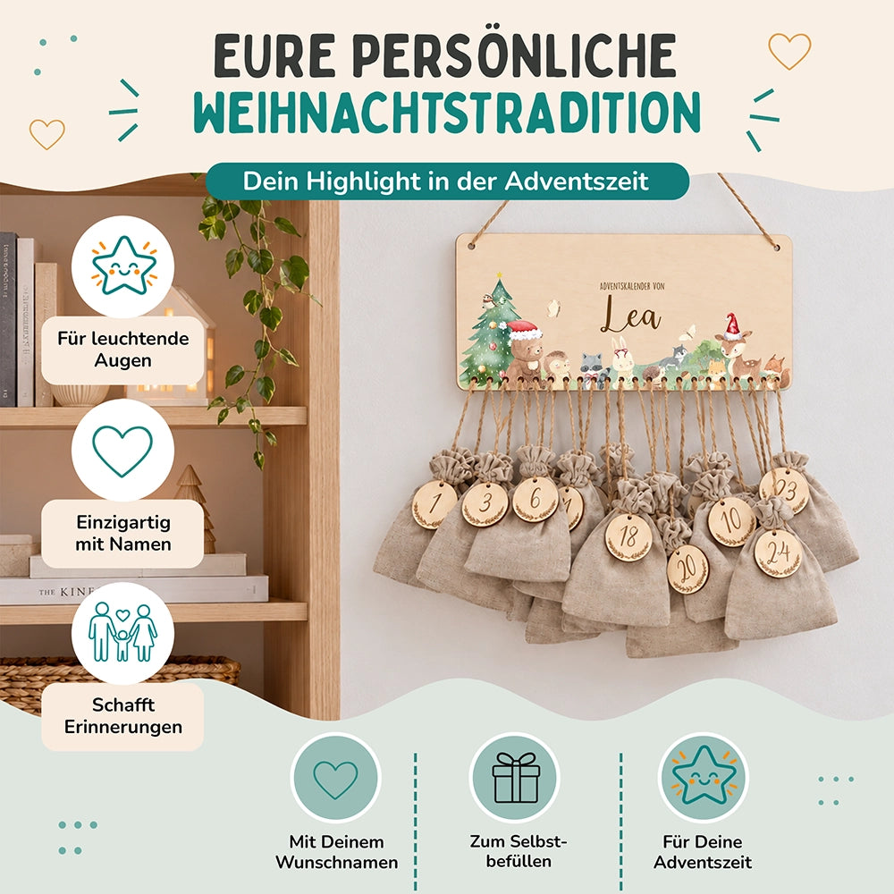 Personalisierbarer Adventskalender farbig - Niedliche Waldtiere
