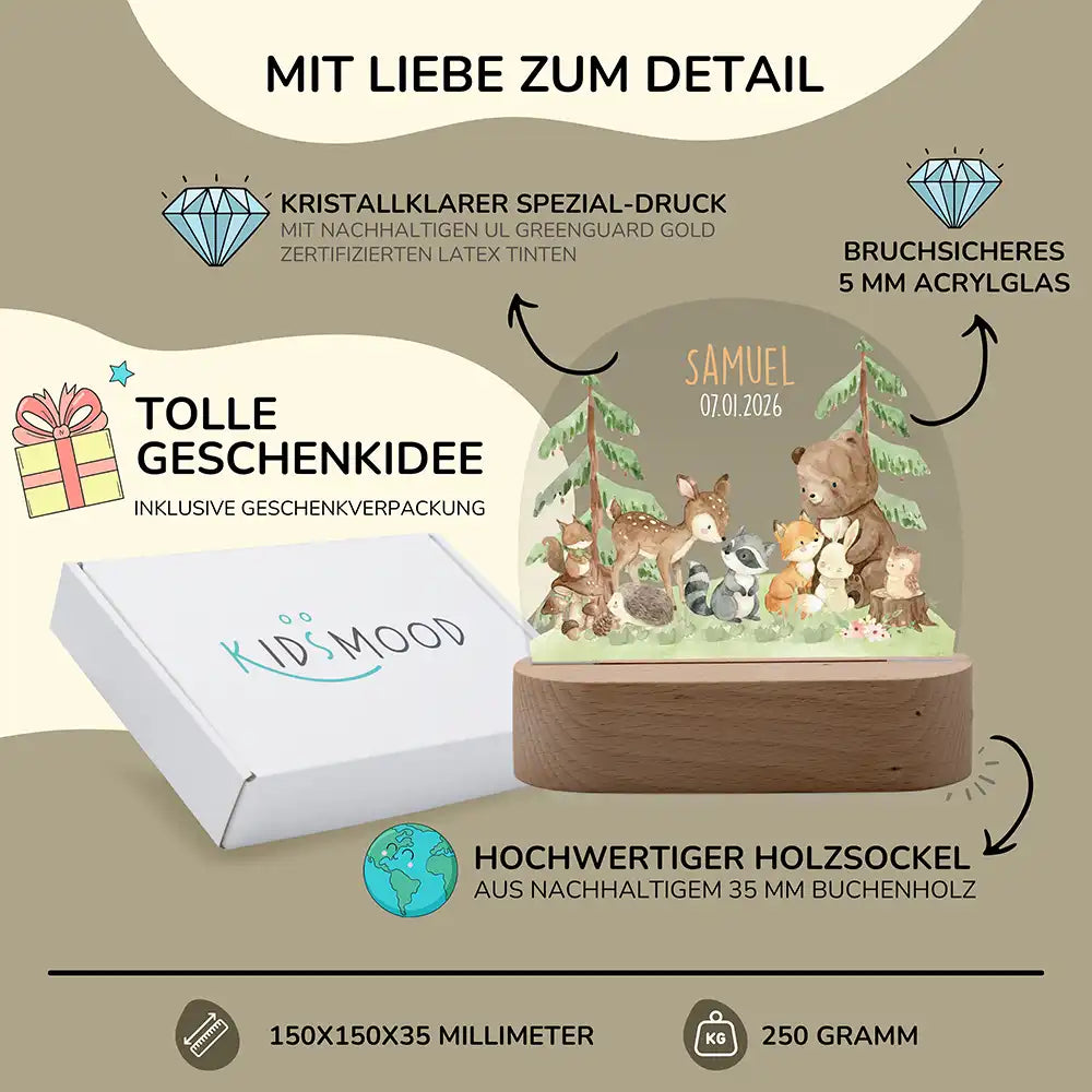 Nachtlicht Kinder personalisiert - Kuschelige Waldabenteuer