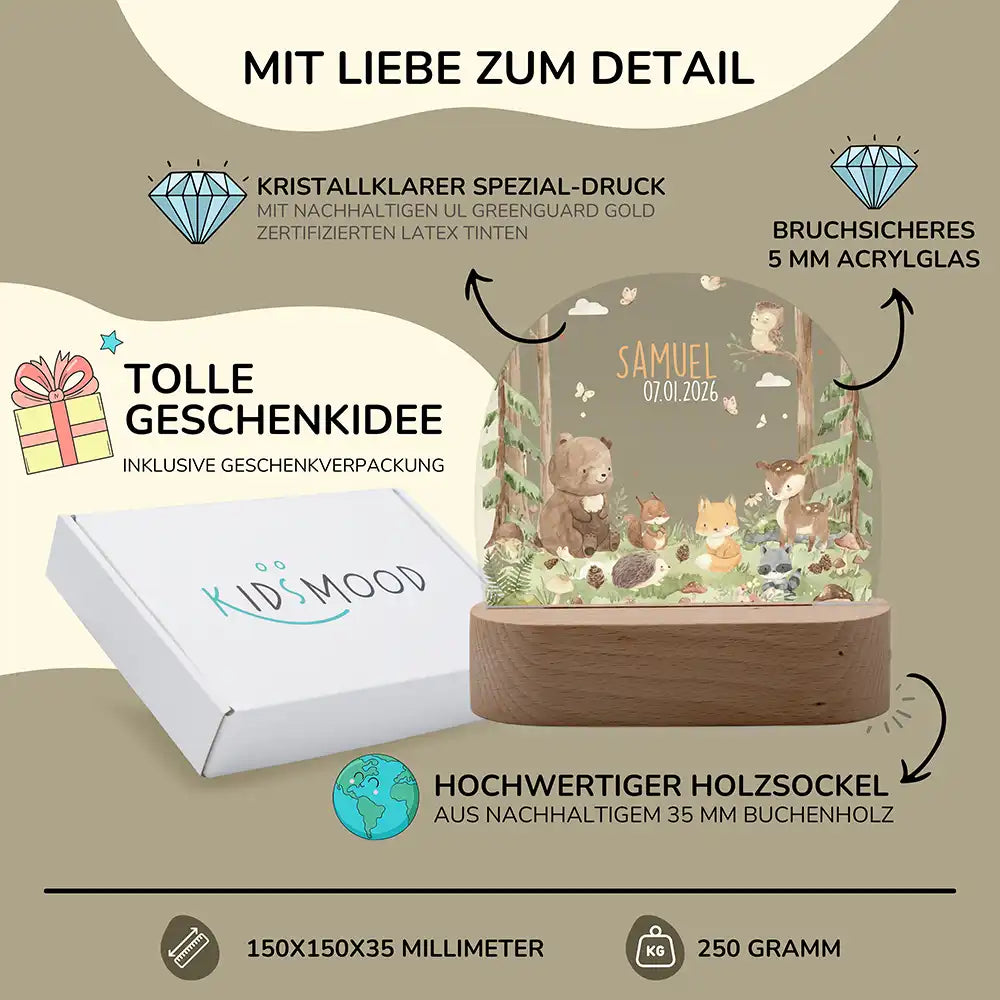 Nachtlicht Kinder personalisiert - Liebevolle Waldfreunde
