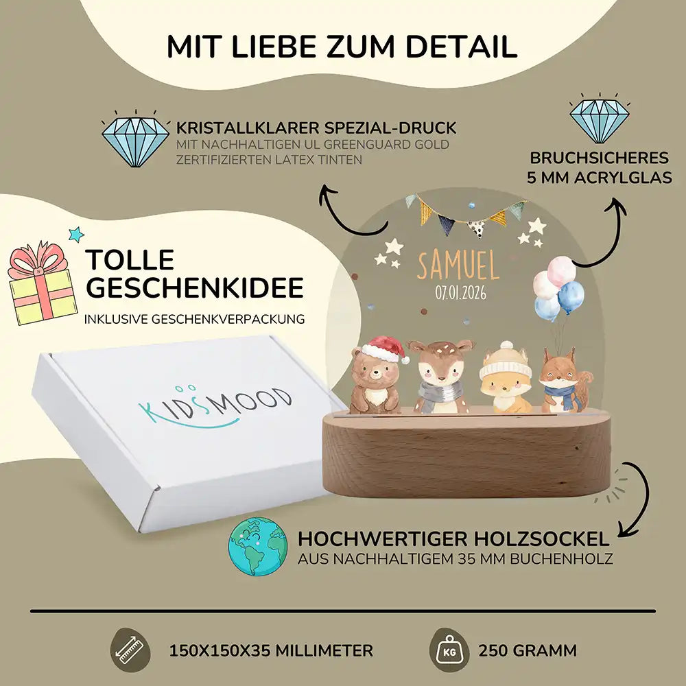 Nachtlicht Kinder personalisiert - Fröhliche Tierwelt