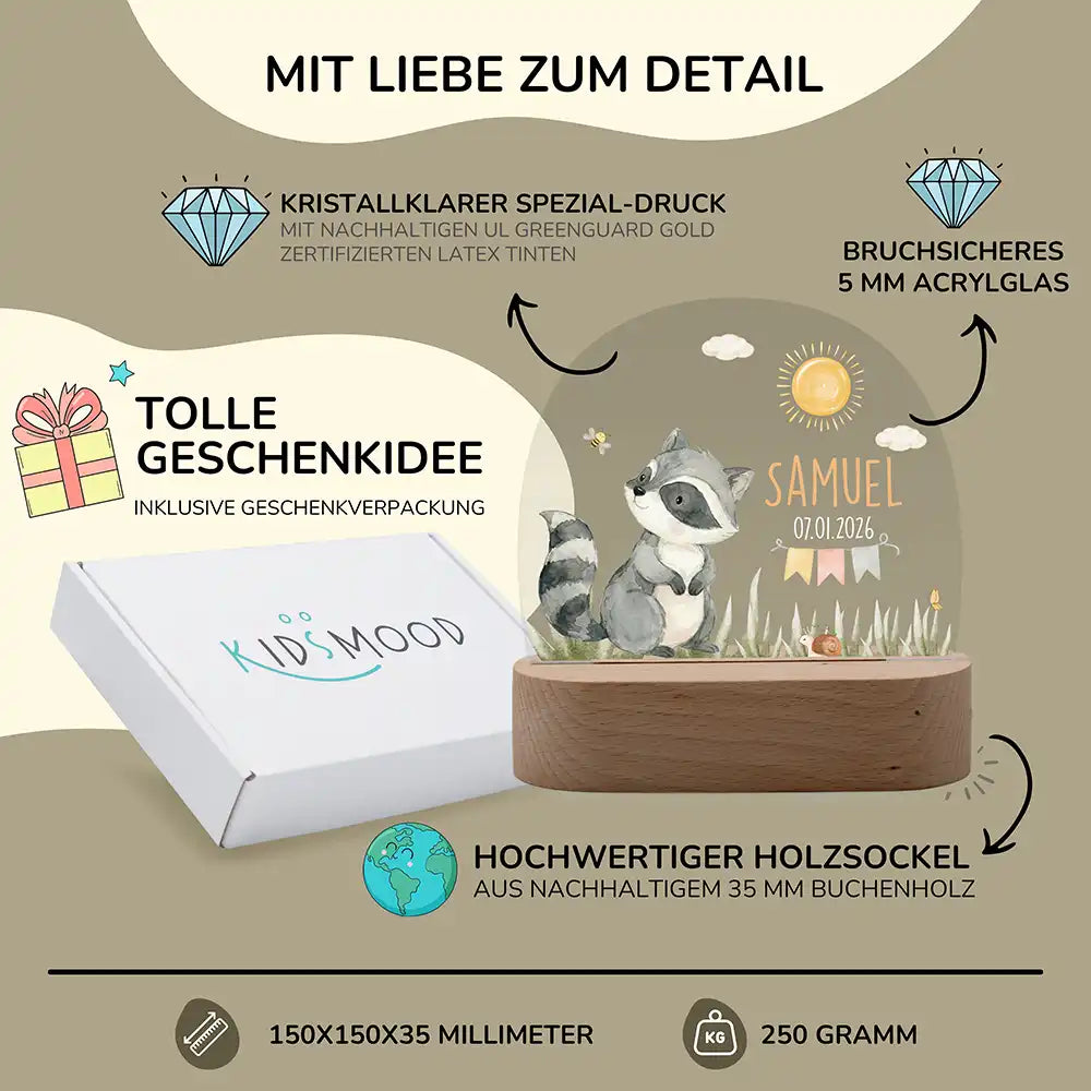 Nachtlicht Kinder personalisiert - Fröhlicher Waschbär
