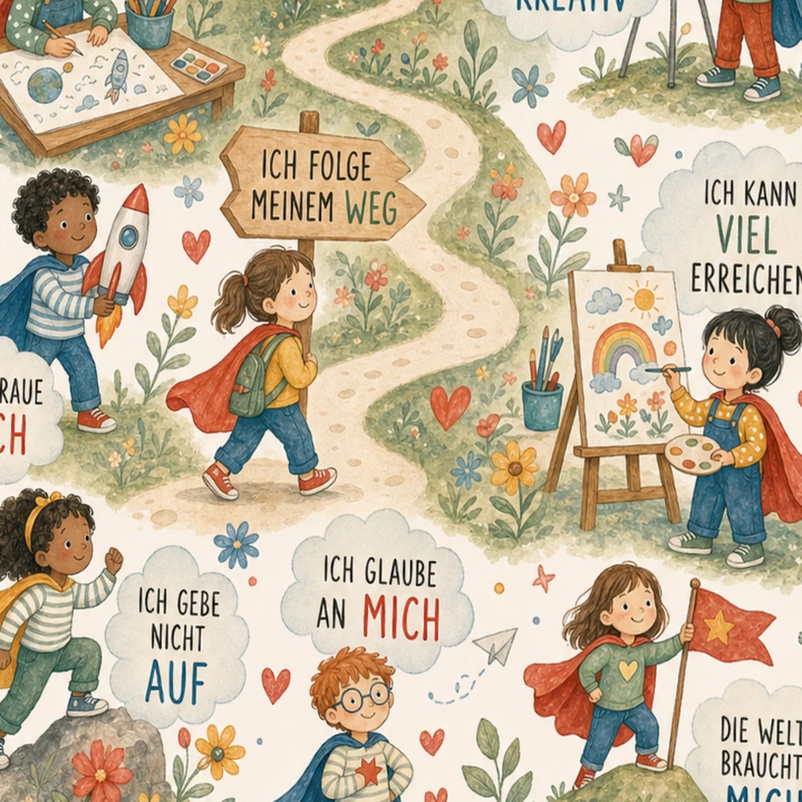 Affirmationsposter Kinderzimmer Wimmelbild Groß träumen, als Wandbild im Format 30 x 40 cm
