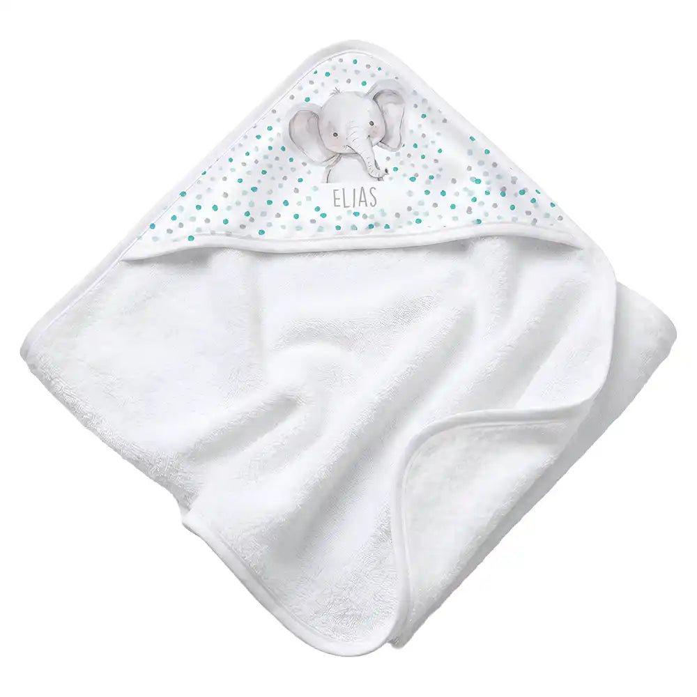 Personalisiertes Kapuzenhandtuch Baby Elefant Konfetti – Rattan-Untergrund Produktdetail