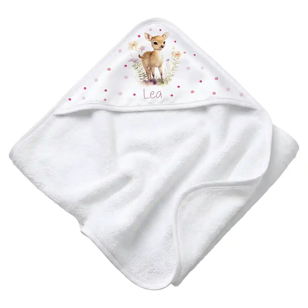 Personalisiertes Kapuzenhandtuch Baby Reh Wiese – Rattan-Untergrund Produktdetail