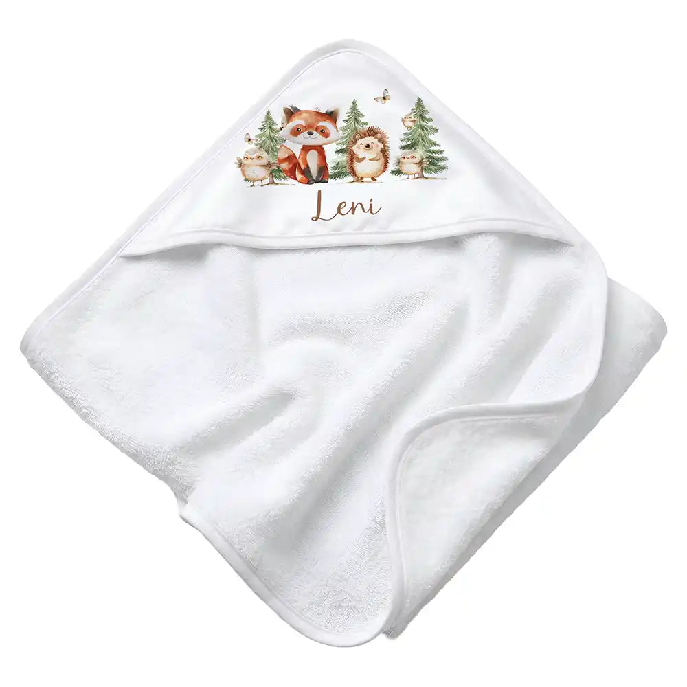 Personalisiertes Kapuzenhandtuch Baby Waldfreunde Tannen – Rattan-Untergrund Produktdetail
