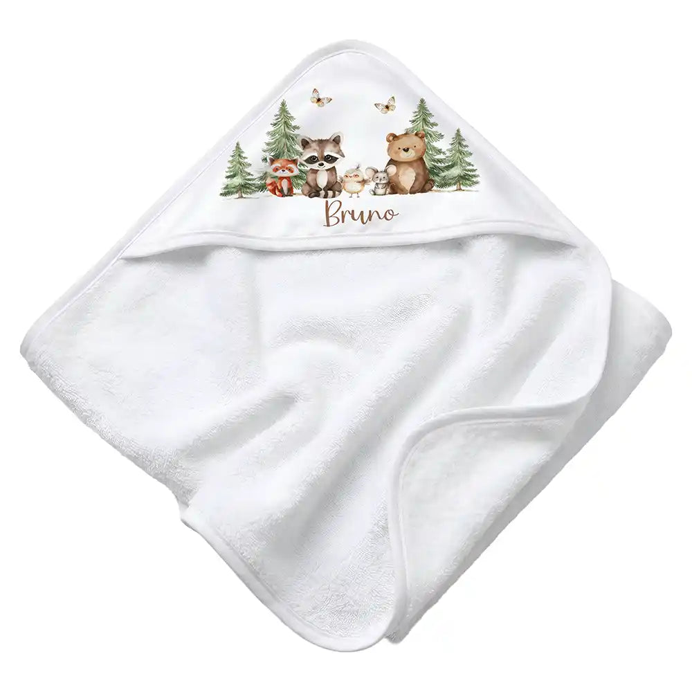 Personalisiertes Kapuzenhandtuch Baby Waldfreunde Bande – Rattan-Untergrund Produktdetail