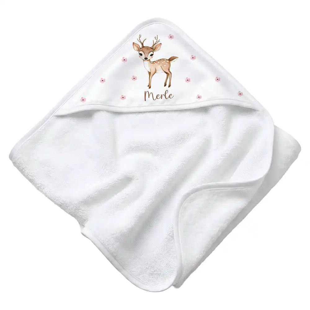 Personalisiertes Kapuzenhandtuch Baby Reh Blüten – Rattan-Untergrund Produktdetail