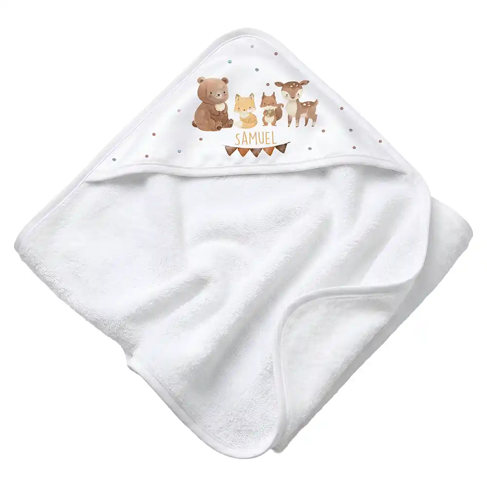 Personalisiertes Kapuzenhandtuch Baby Waldtiere Wimpel – Rattan-Untergrund Produktdetail