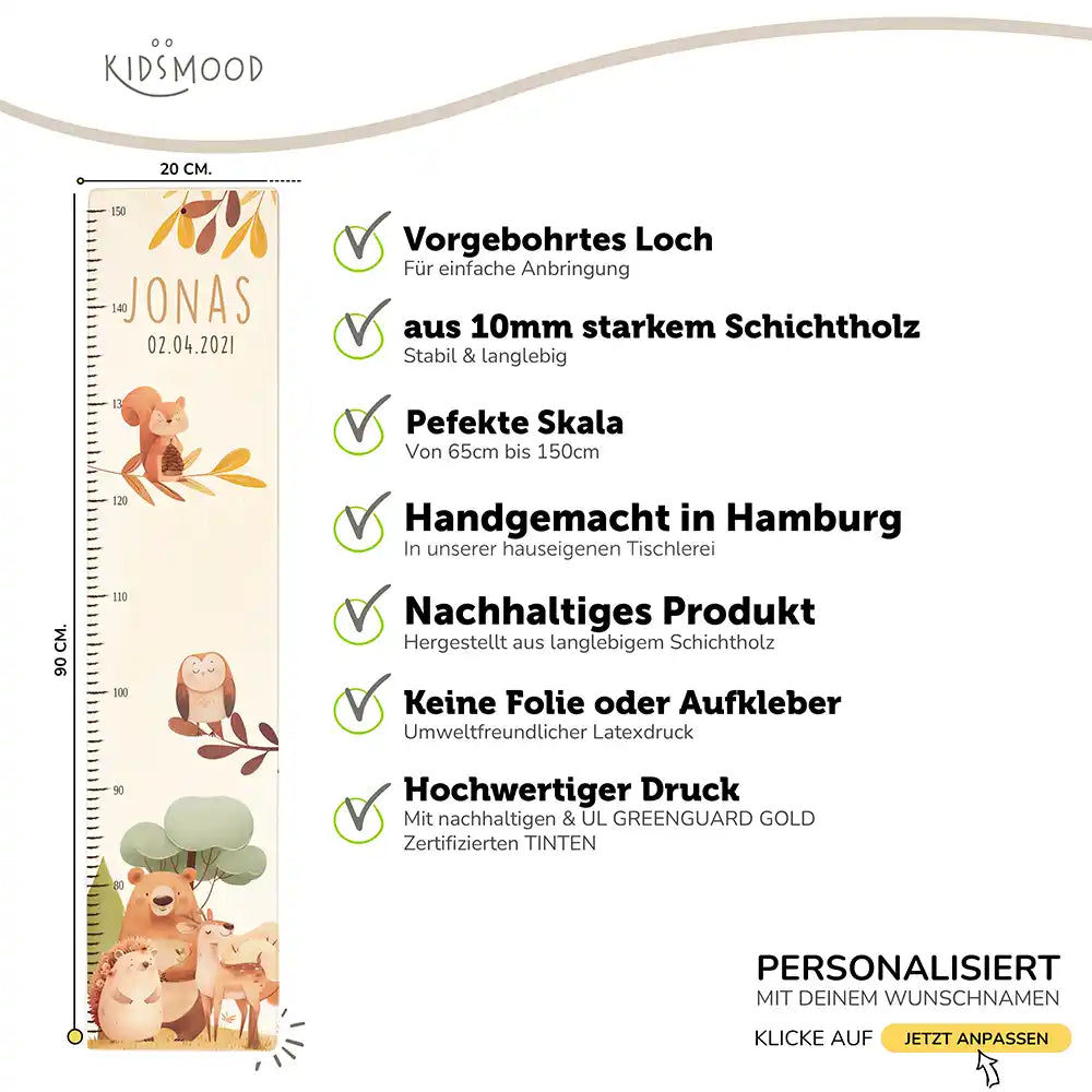 Messlatte Kinder Holz & Aluverbund - Fröhliche Waldtiere