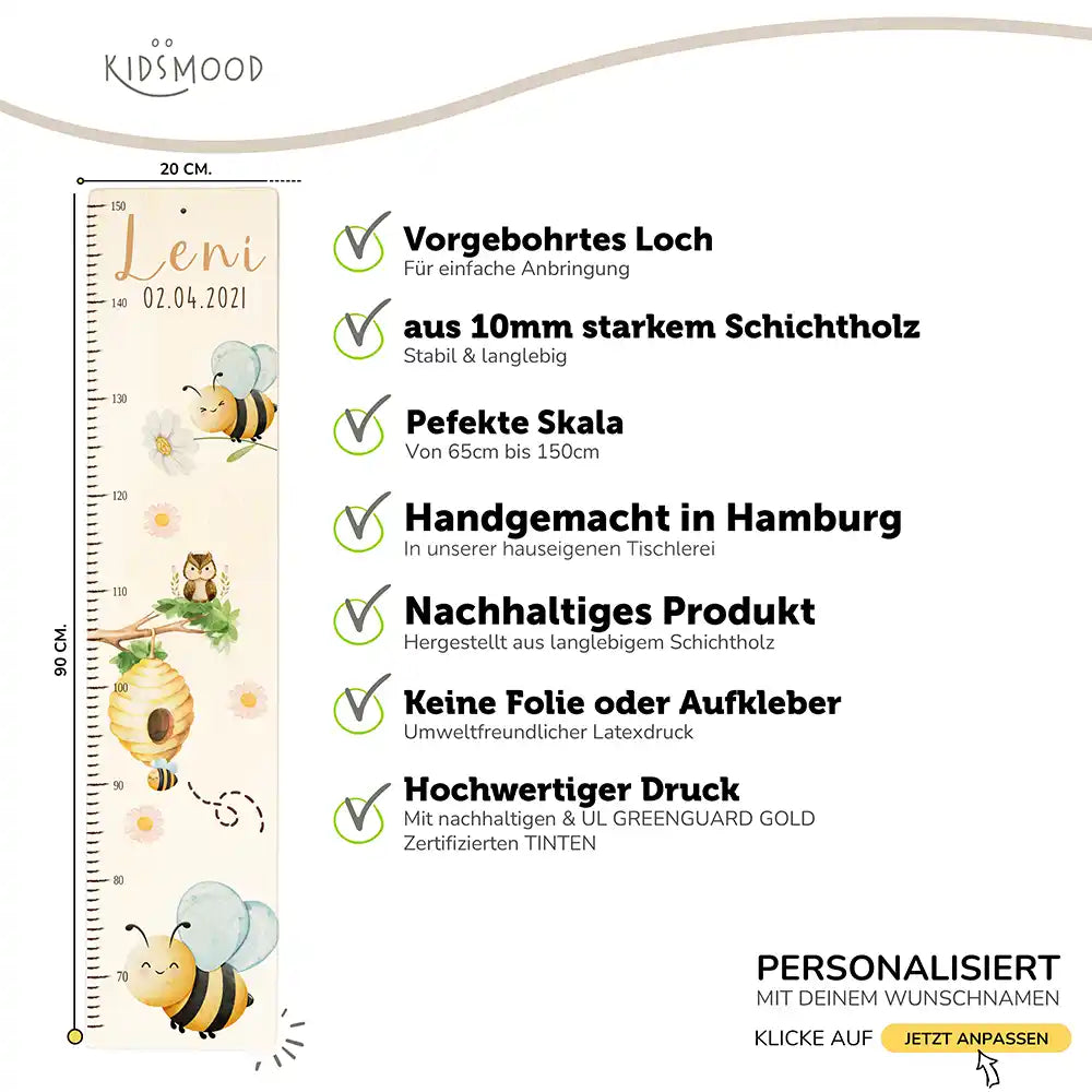 Messlatte Kinder Holz & Aluverbund - Bienen