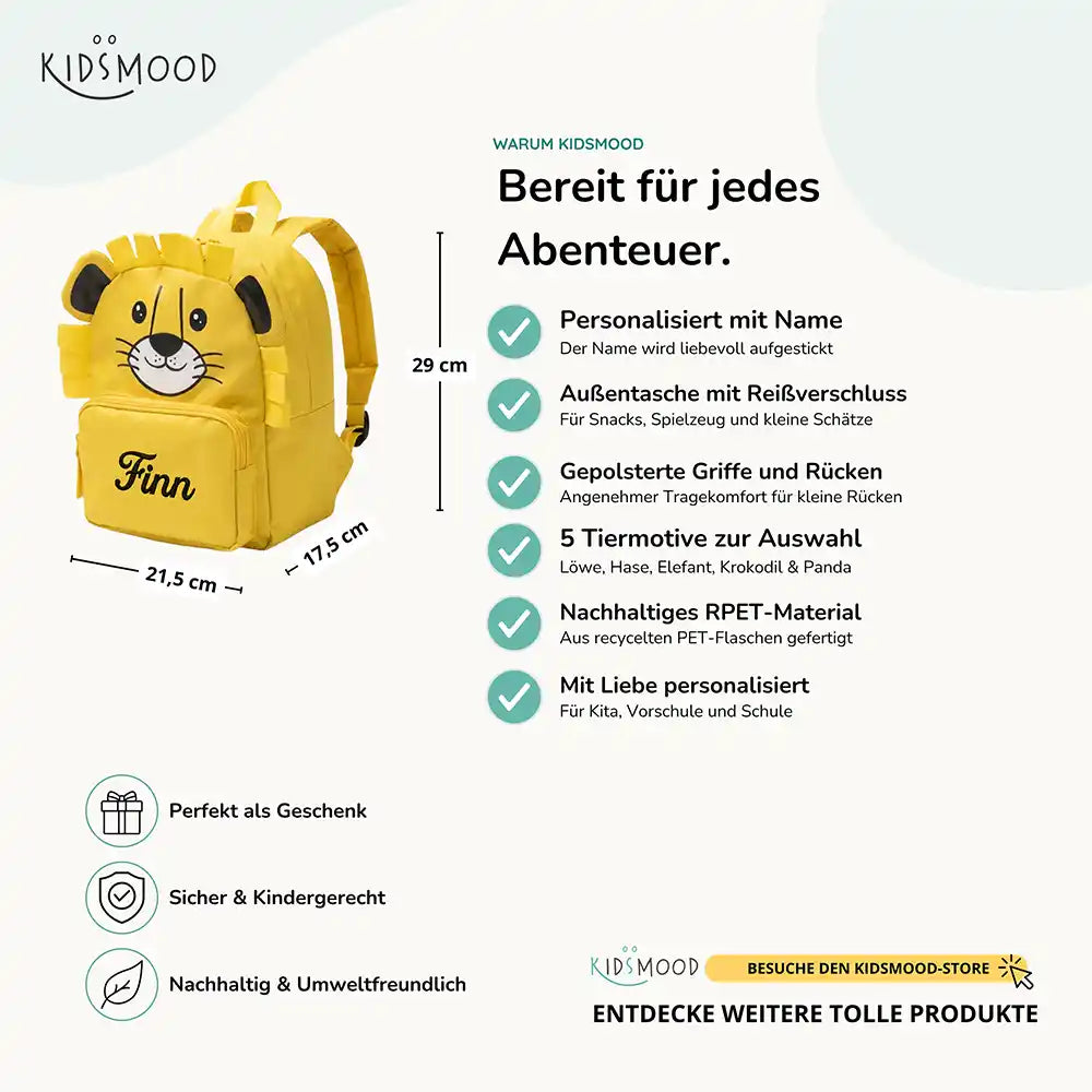 Personalisierter Kinderrucksack Löwe, personalisiert mit Namen für die Kita