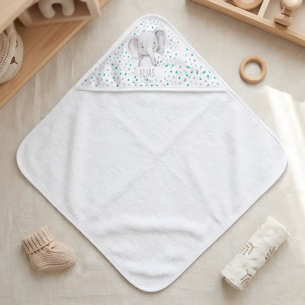 Personalisiertes Kapuzenhandtuch Baby Elefant Konfetti – Freisteller 80×80 cm Topdown